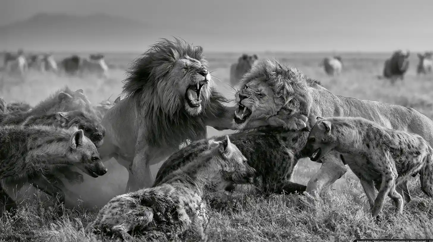 Two male lions battle a pack of hyenas on savanna