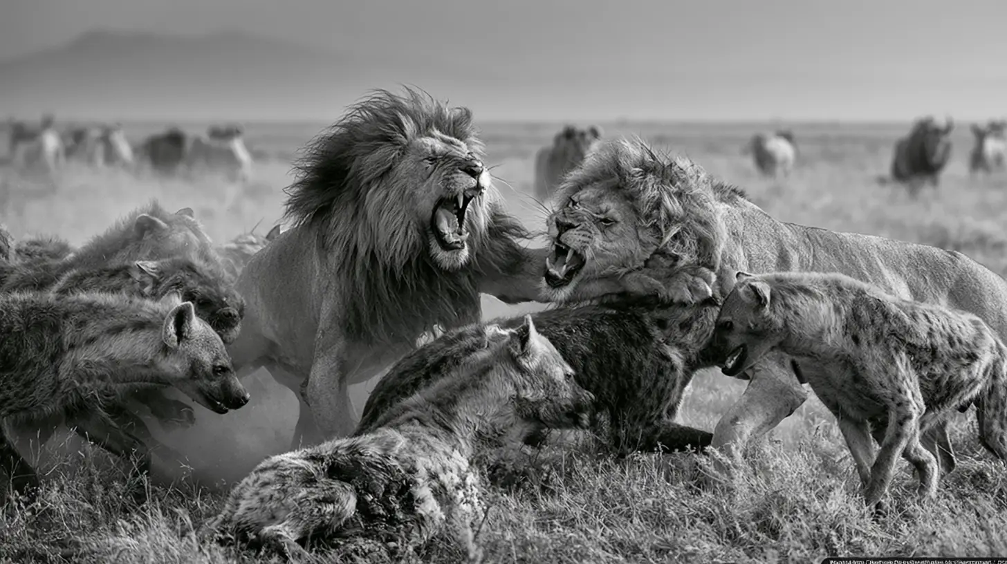 Two male lions battle a pack of hyenas on savanna