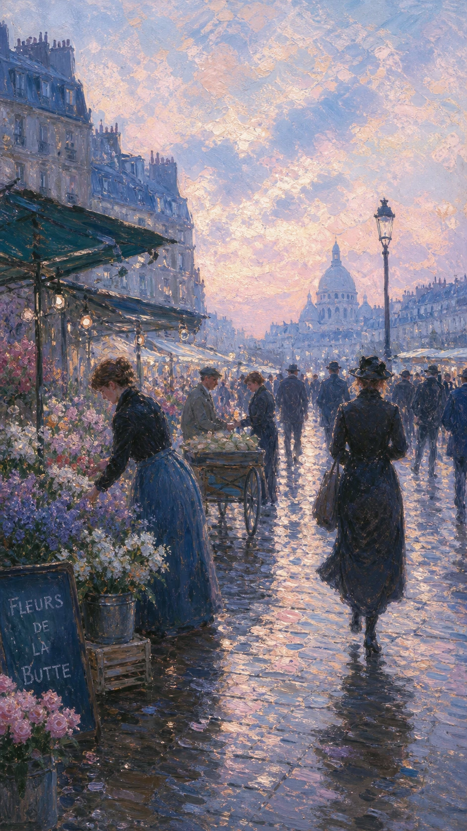 Mercado callejero de la ciudad al amanecer en pintura impresionista suave