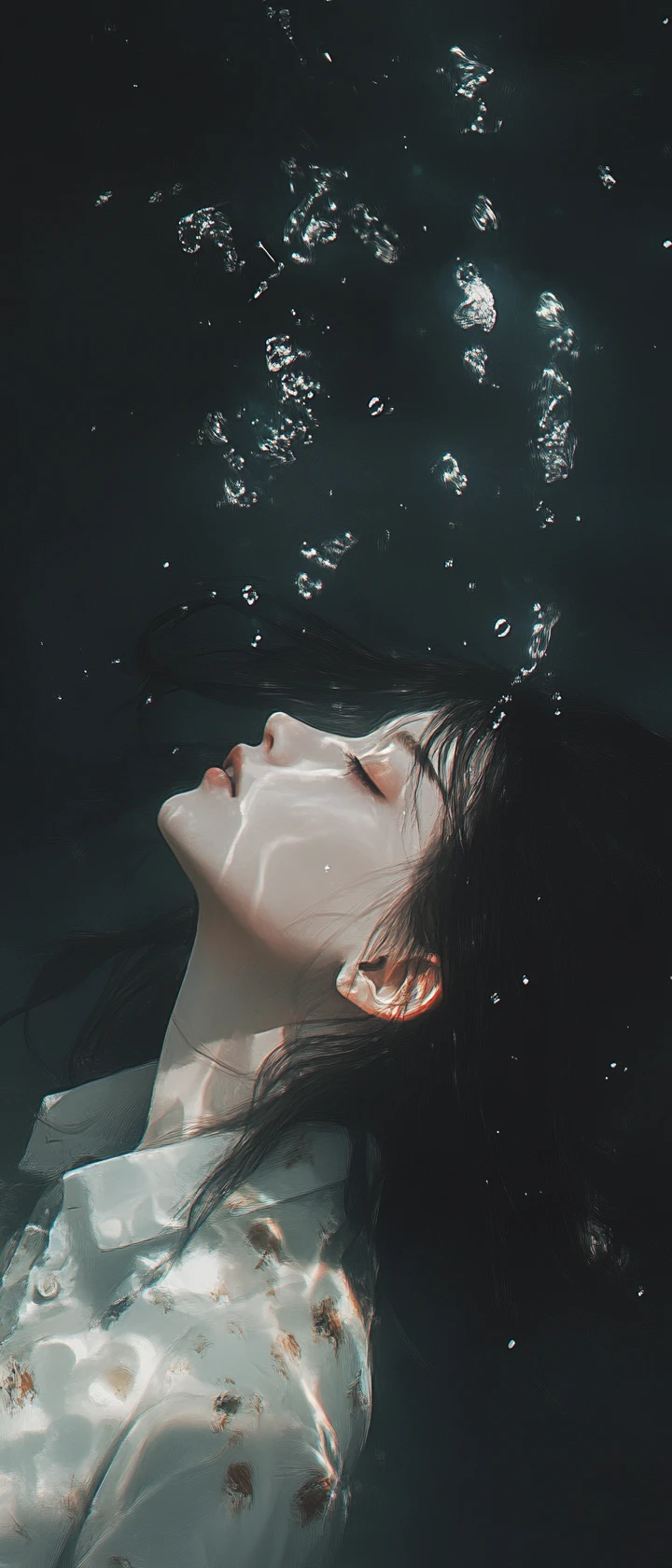 Mujer de anime etérea brillando bajo el agua en la oscuridad
