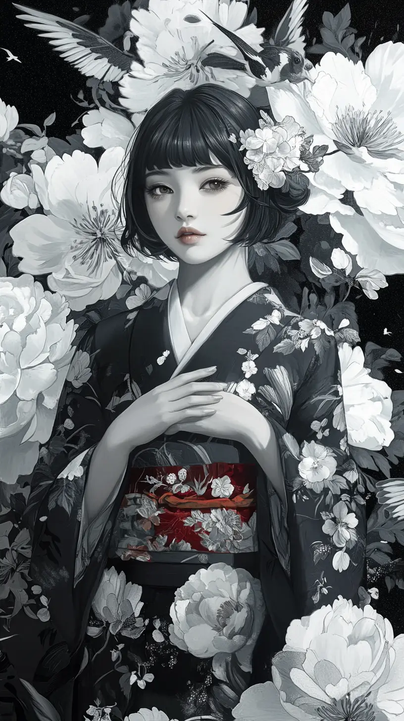Elegant anime woman in black floral kimono portrait