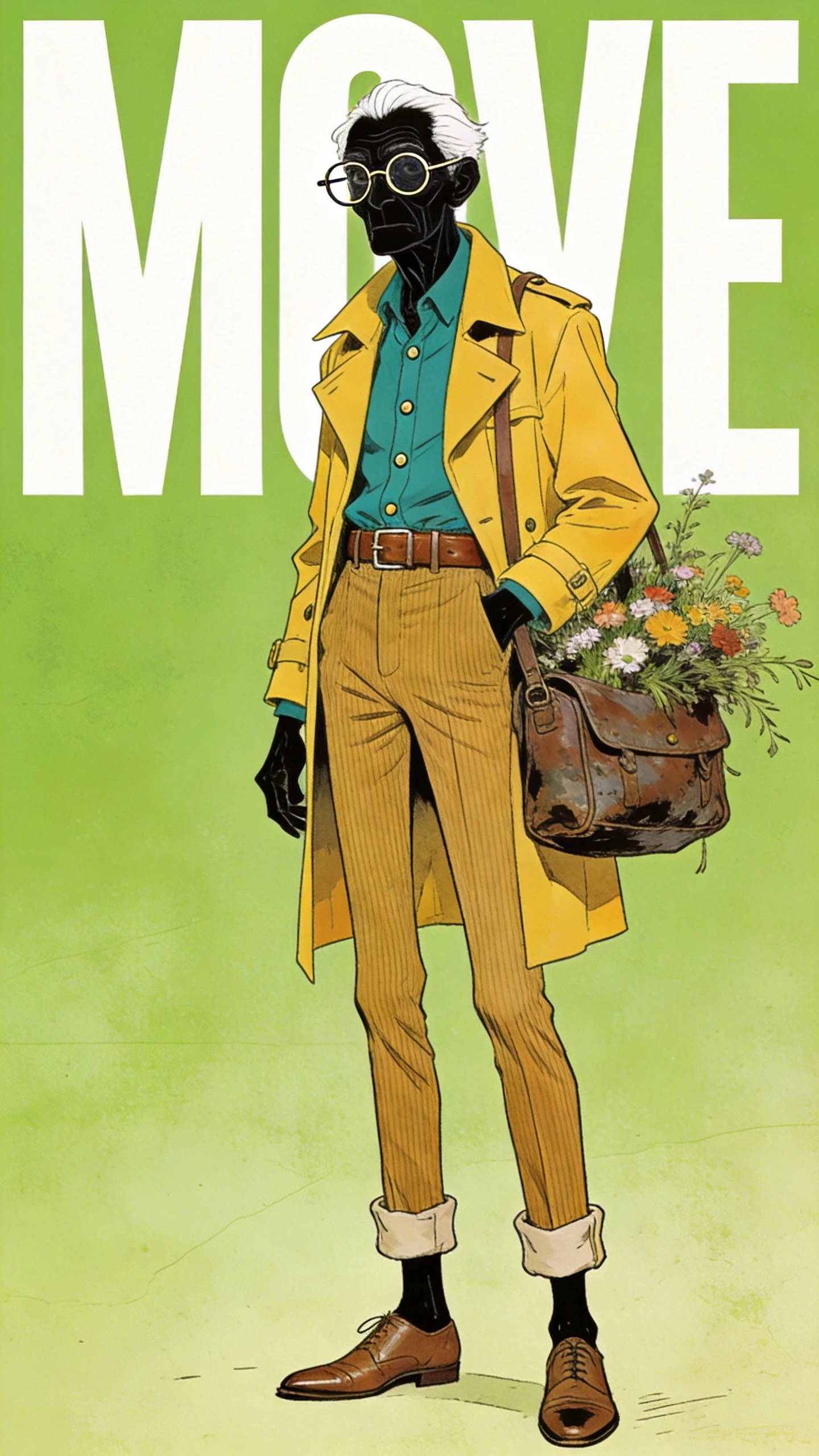 Ilustración de anciano con abrigo amarillo que lleva flores silvestres