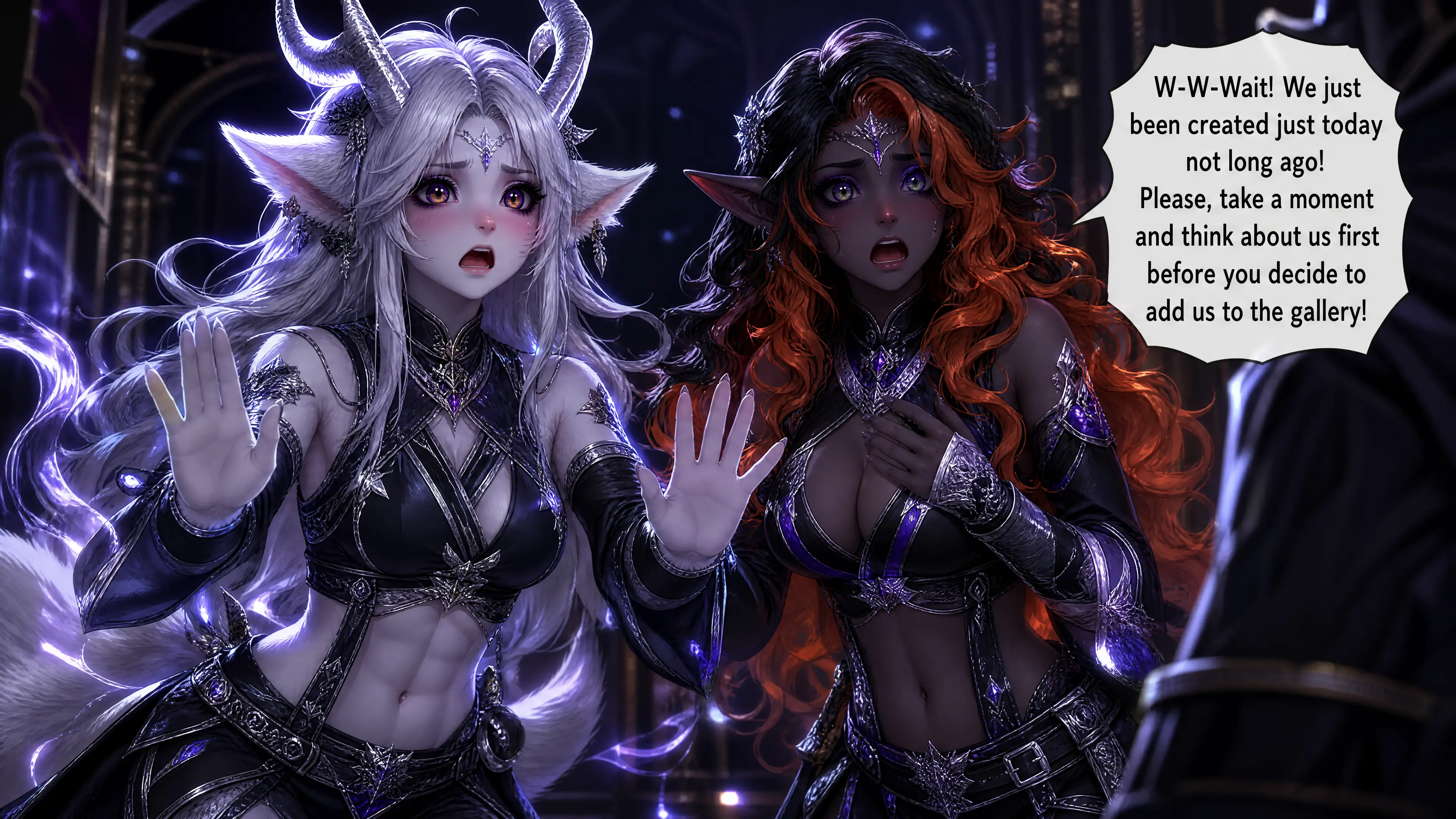 Two fantasy warrior women in royal ninja uniforms