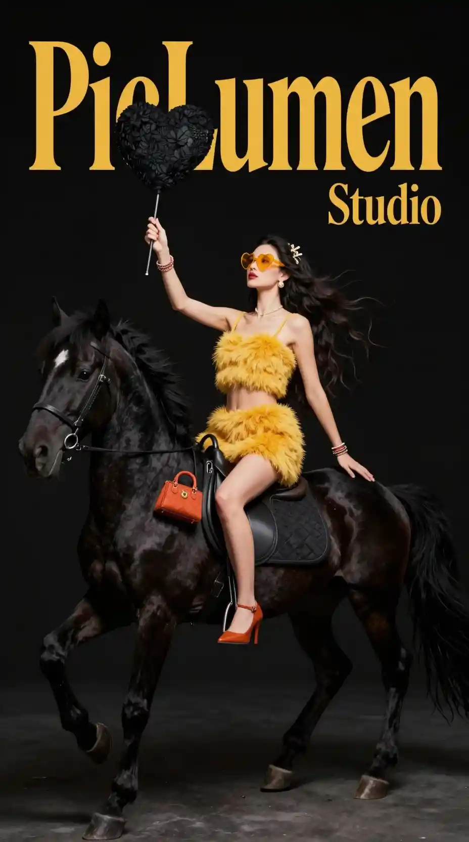 Donna fashion surreale a cavallo di un cavallo nero su un palco oscuro
