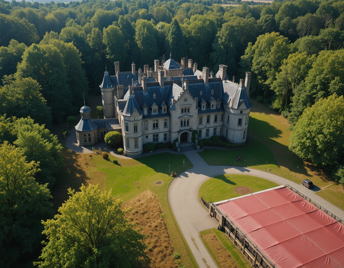 Vista aérea de un castillo gótico aislado en el bosque