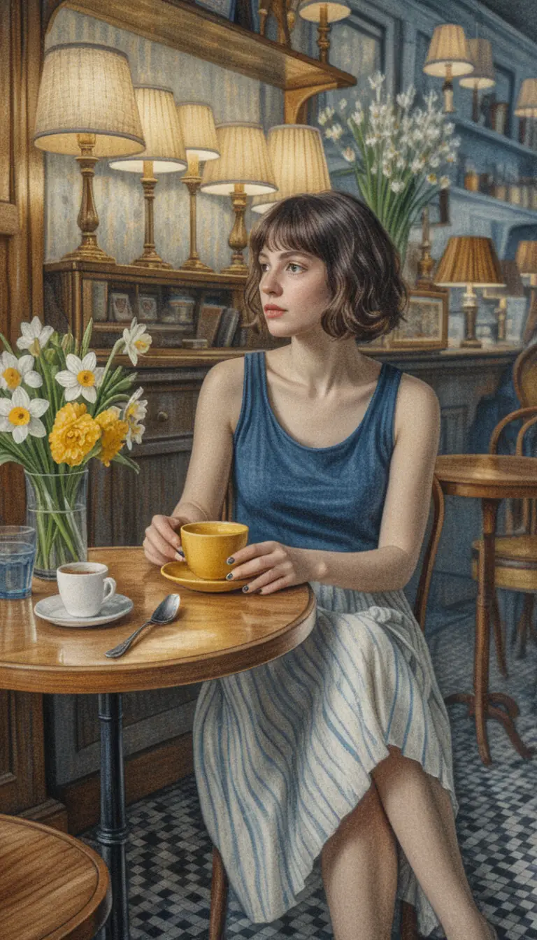 Woman with coffee in a vintage cafe drawing