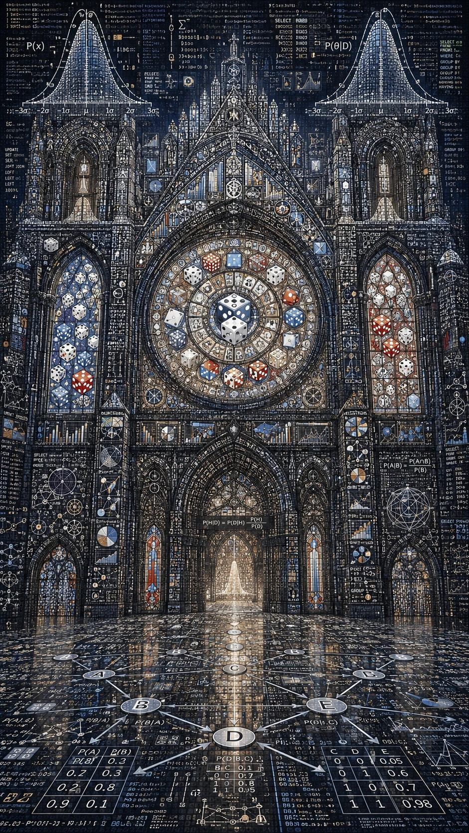 Cattedrale della Probabilità con Dadi e Pavimento Bayesiano