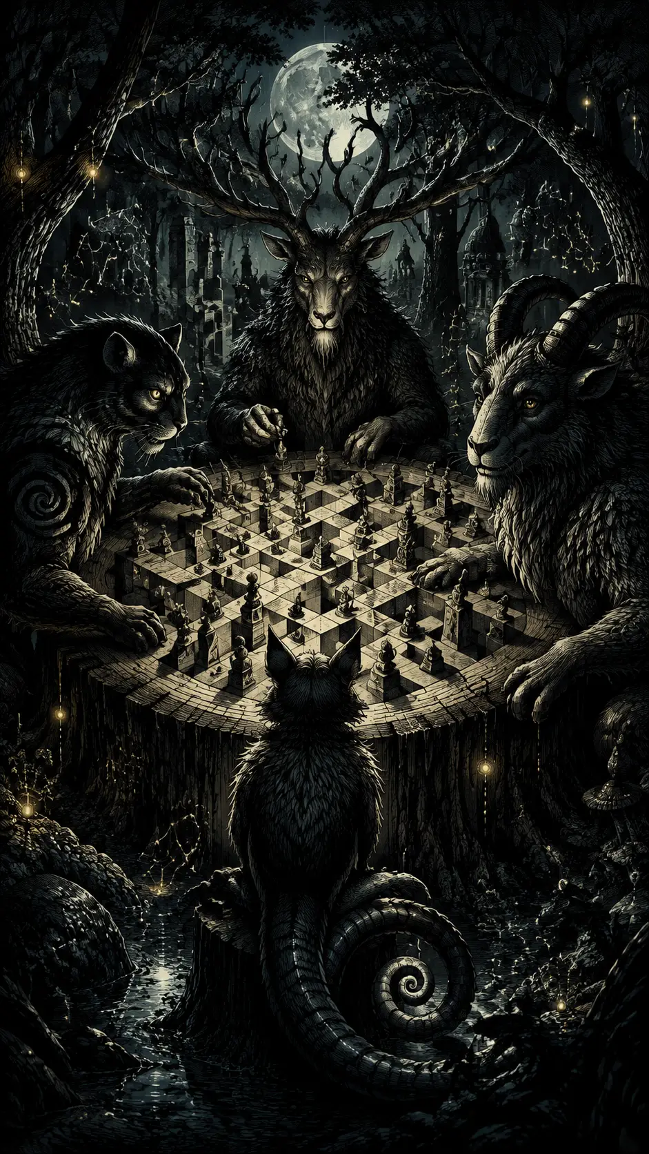 Giant fantasy beasts gathered in a silent moonlit forest