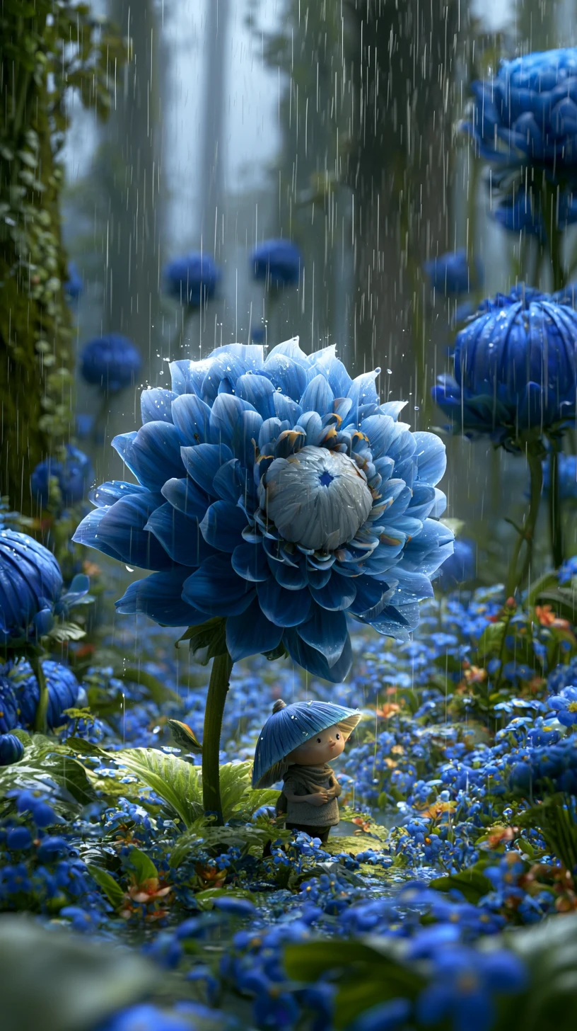 Piccola creatura fantastica che si ripara dalla pioggia sotto un fiore blu
