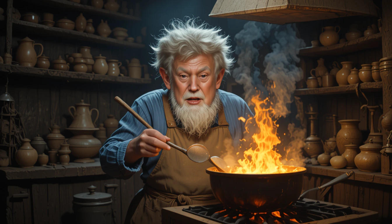 Cocinero gnomo fantasioso cocinando sobre llamas dramáticas de la estufa