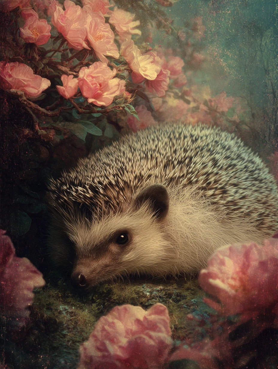 Portrait surréaliste et sombre d’un hérisson grincheux sous des roses