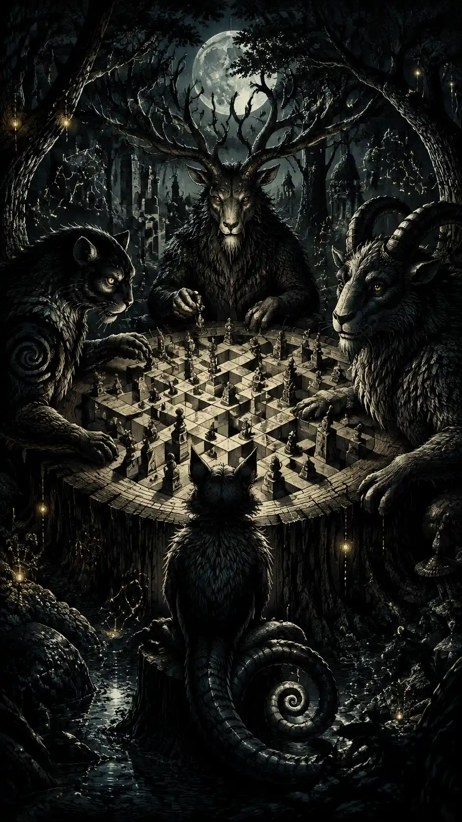 Giant fantasy beasts gathered in a silent moonlit forest
