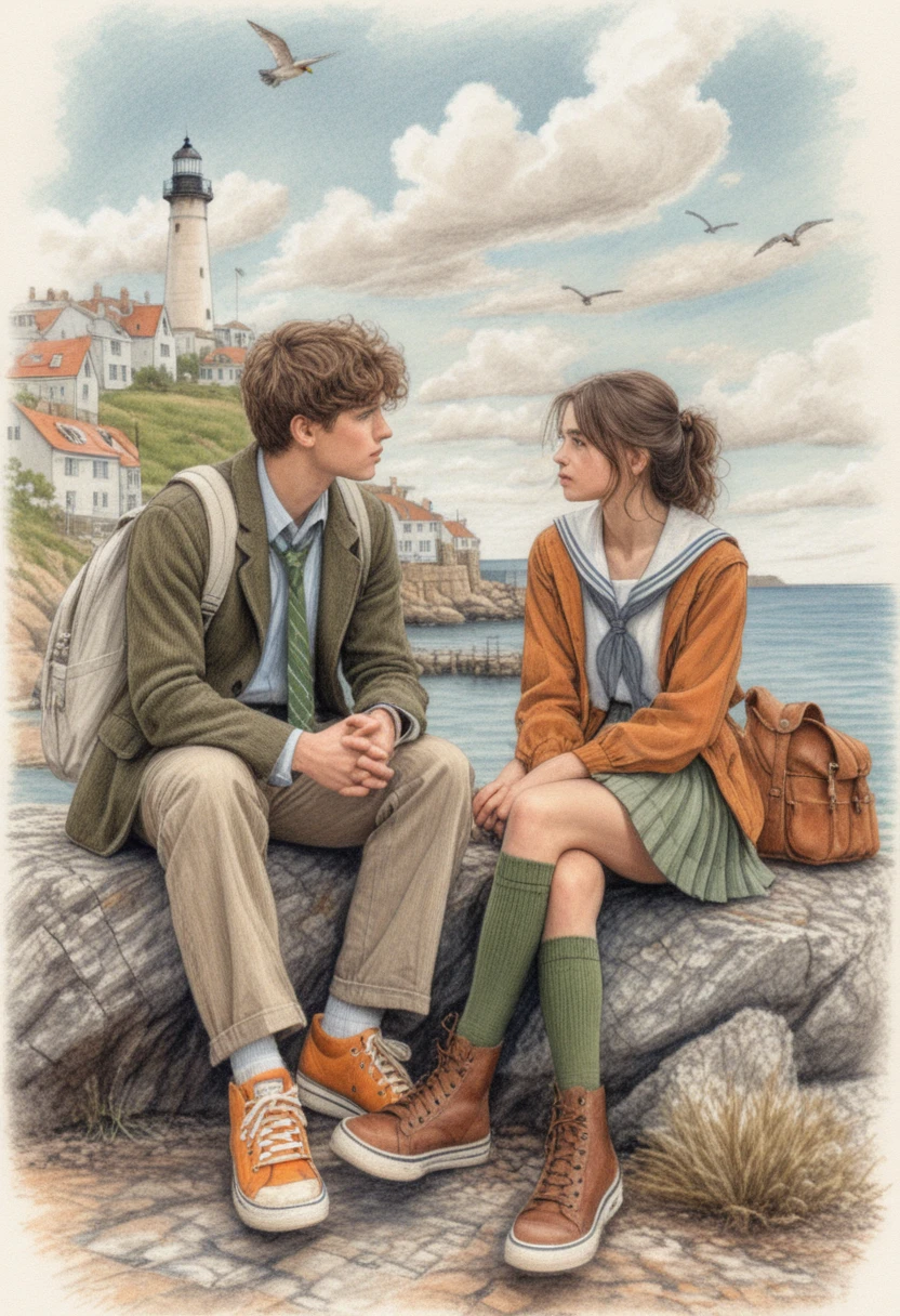 Teenage couple talking on coastal rock illustration