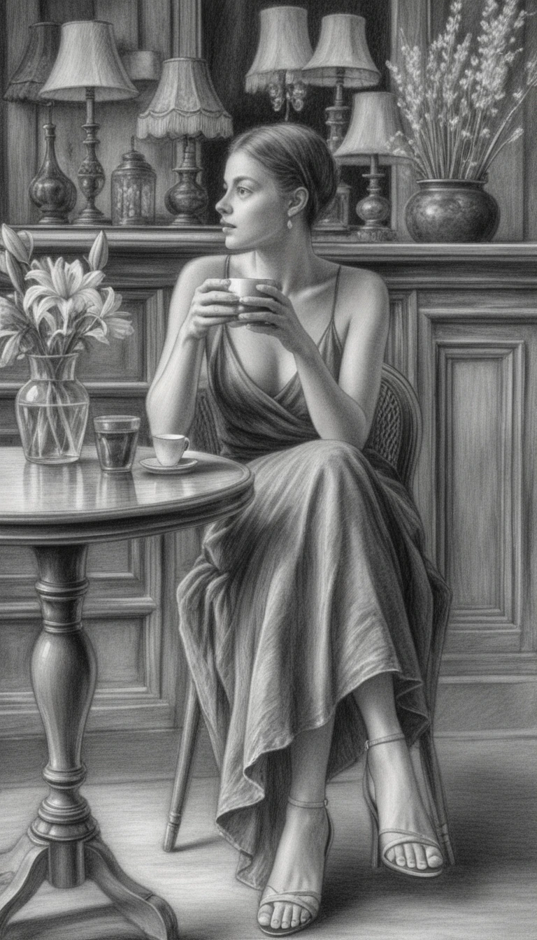 Ilustración de mujer elegante con café en un café de grafito