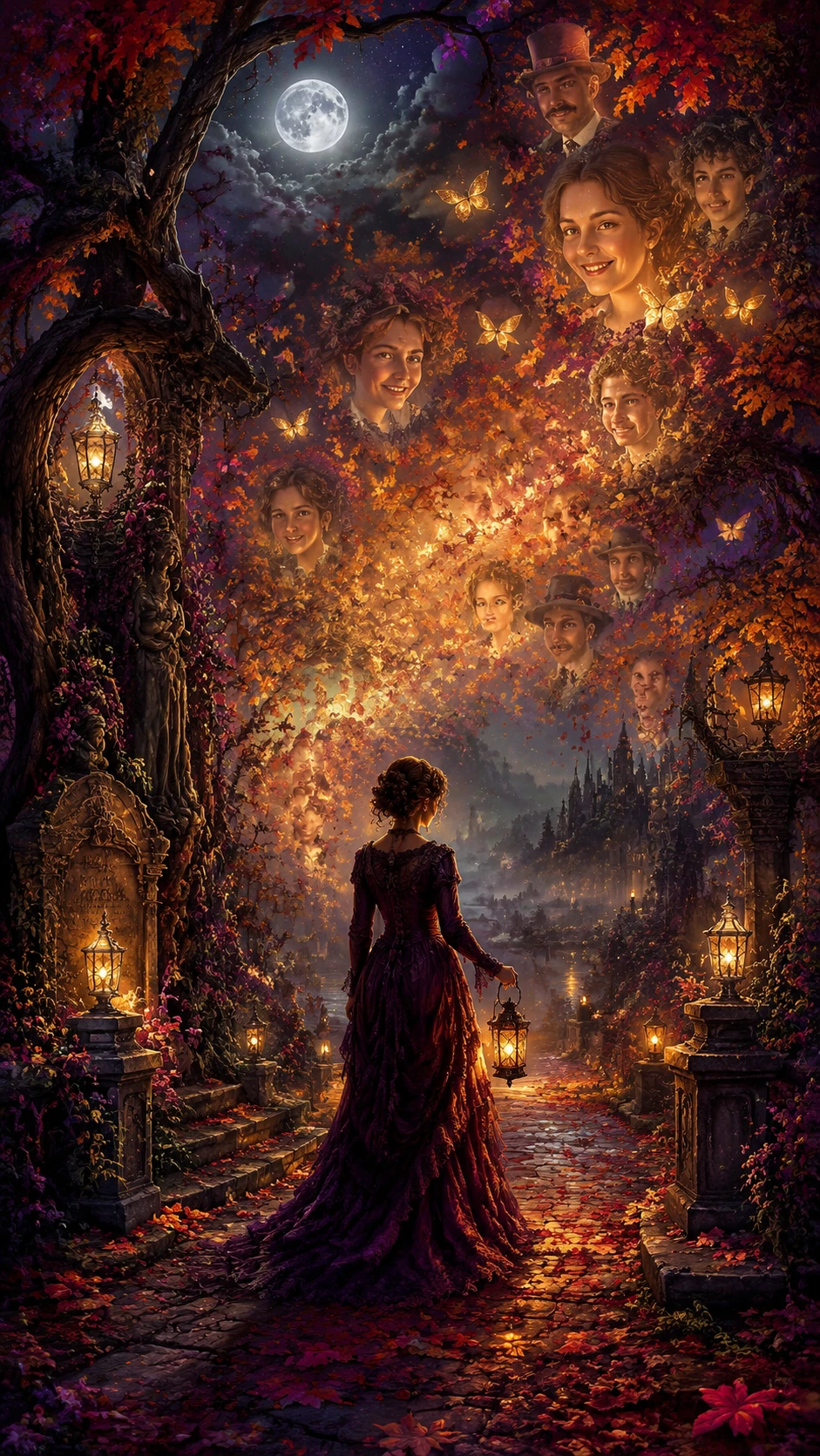 Bosque de fantasía a la luz de la luna con hojas de otoño girando
