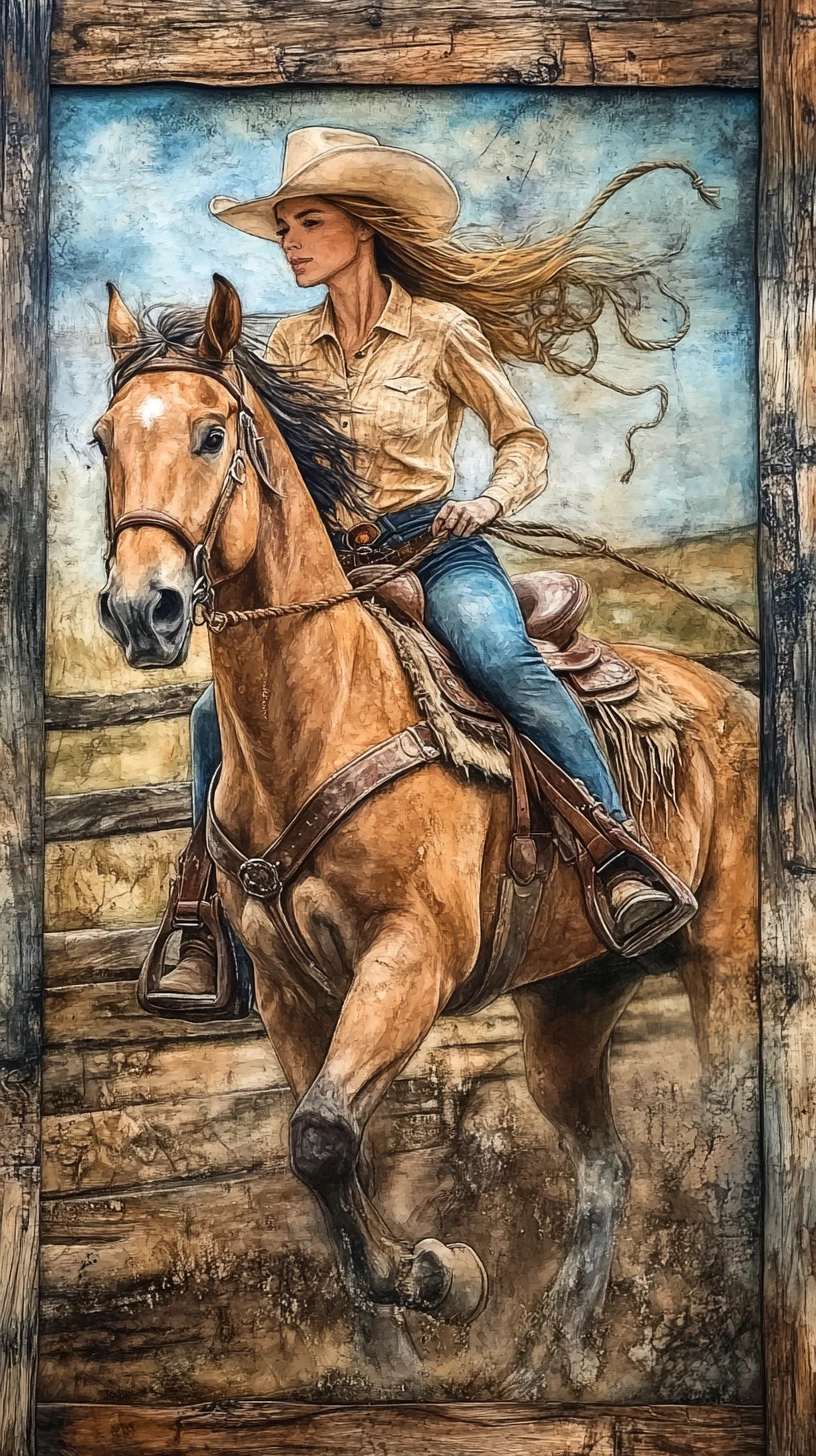 Pintura en acuarela de una mujer montando a caballo al aire libre