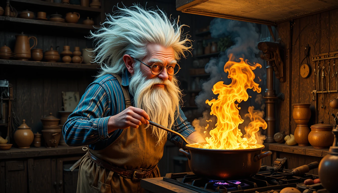 Whimsical gnome chef cooking over flaming rustic stove