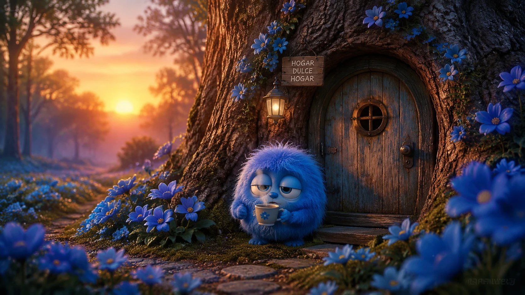 Pequeña criatura azul y peluda con café en un bosque de flores