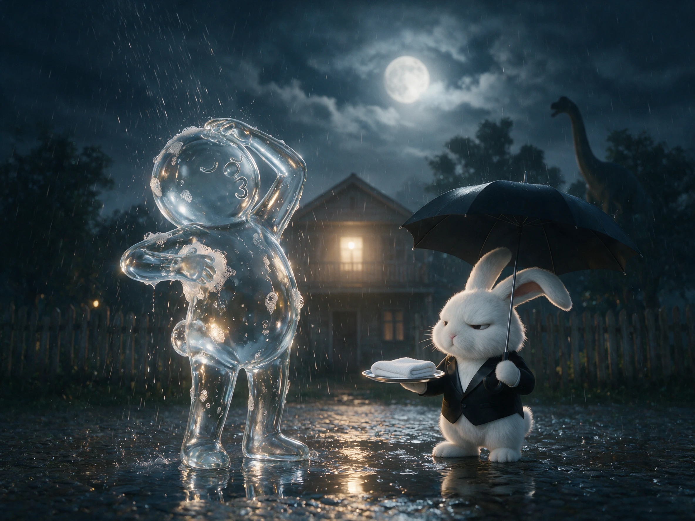 Glass Figure Showering In Rain With Rabbit Butler At Night