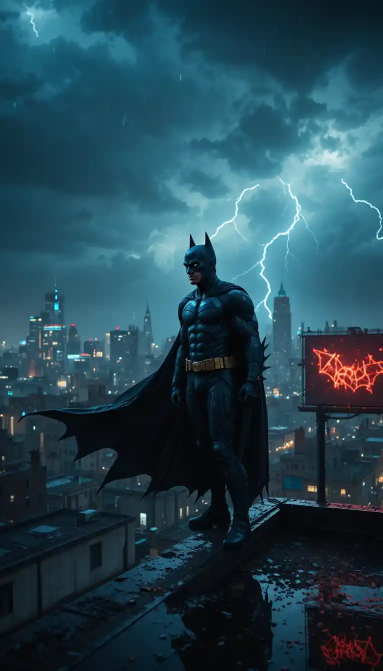 Dark superhero on rainy rooftop above neon city