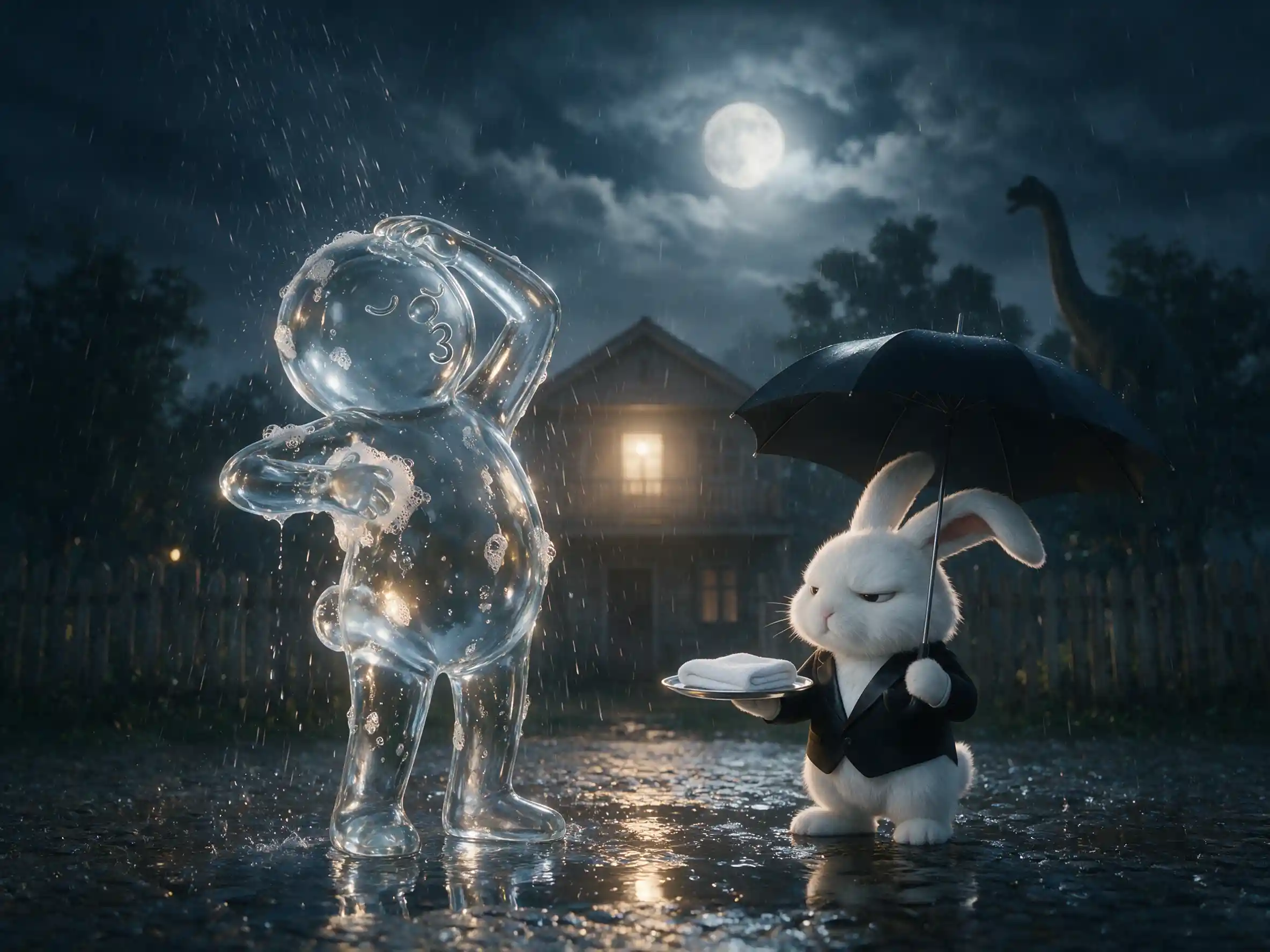 Glass Figure Showering In Rain With Rabbit Butler At Night