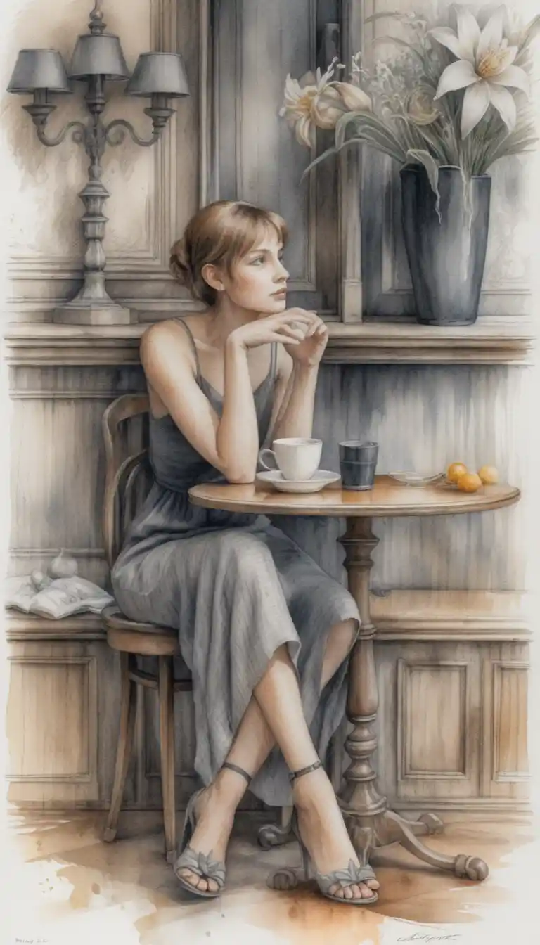 Young woman with coffee in a graphite cafe scene