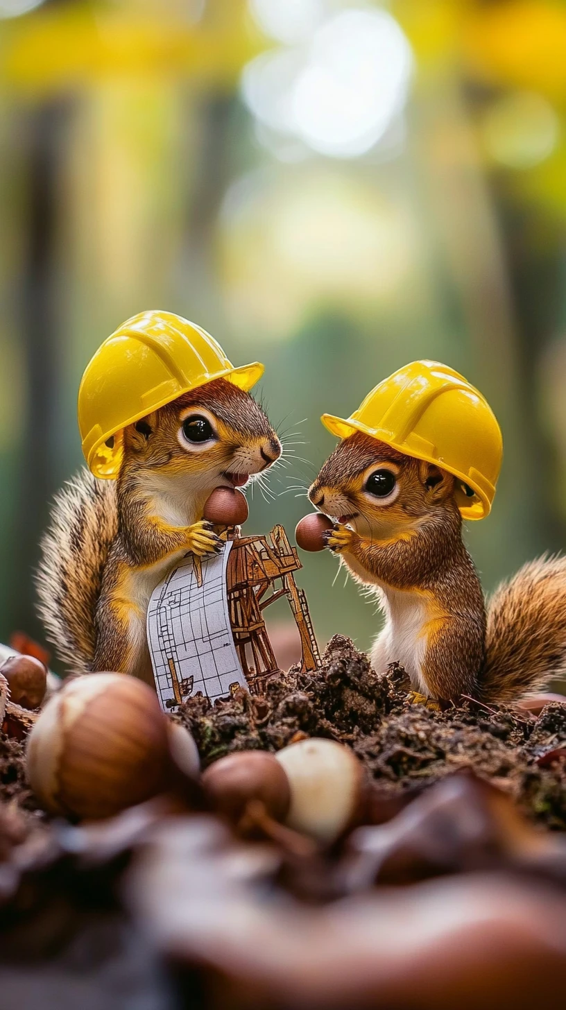 Ardillas trabajadoras gestionando una diminuta obra en el bosque