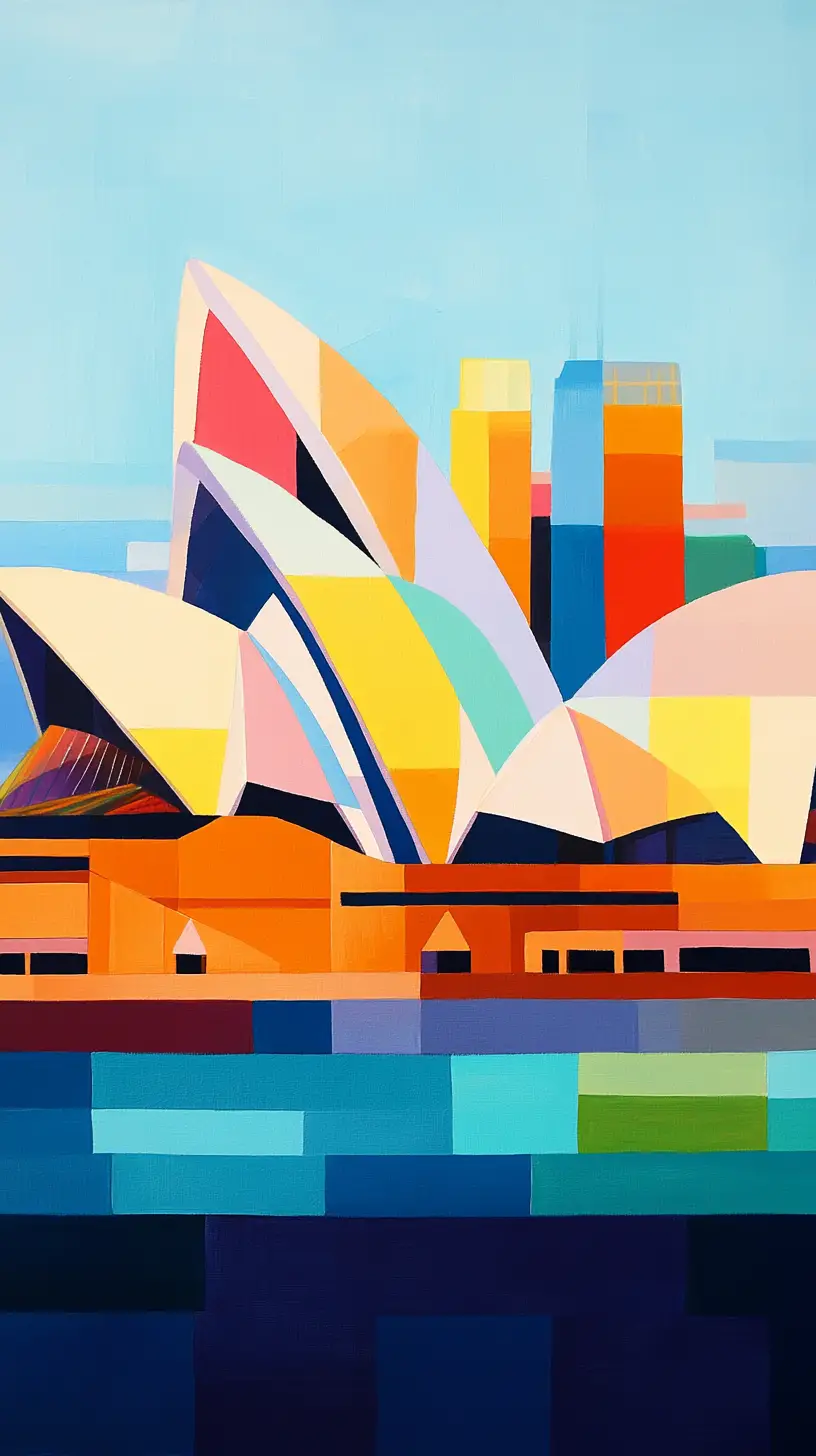 Minimalist acrylic painting of Sydney harbour landmark