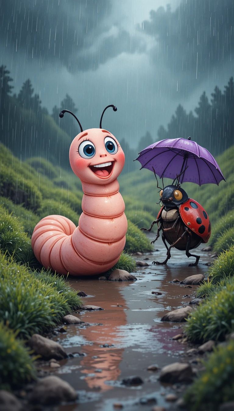 Gusano y mariquita de caricatura caminando en un jardín lluvioso