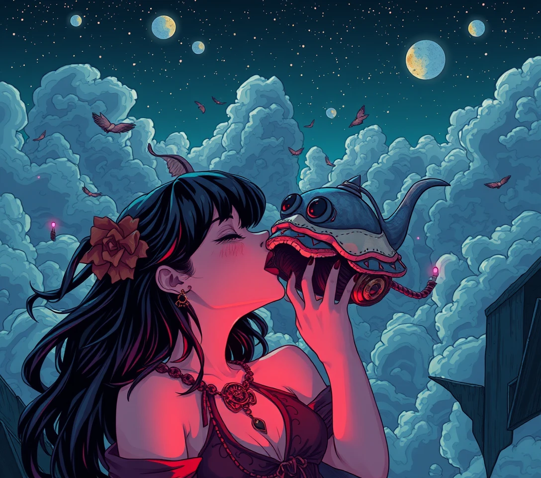 Mujer surrealista en un cielo nocturno oscuro y fantasioso