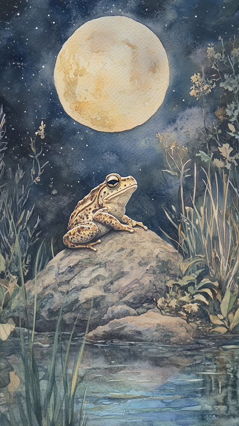 Sapo en acuarela sobre una roca junto a un estanque iluminado por la luna