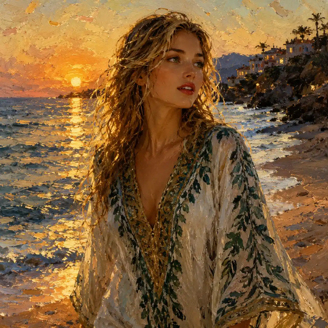 Woman in white caftan walking on a dreamy beach