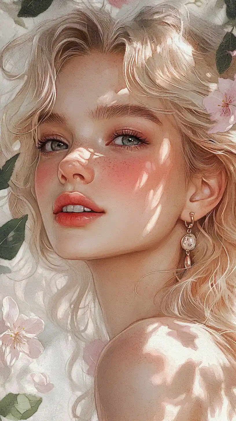 Portrait aquarelle d'une jeune fille blonde timide dans un jardin