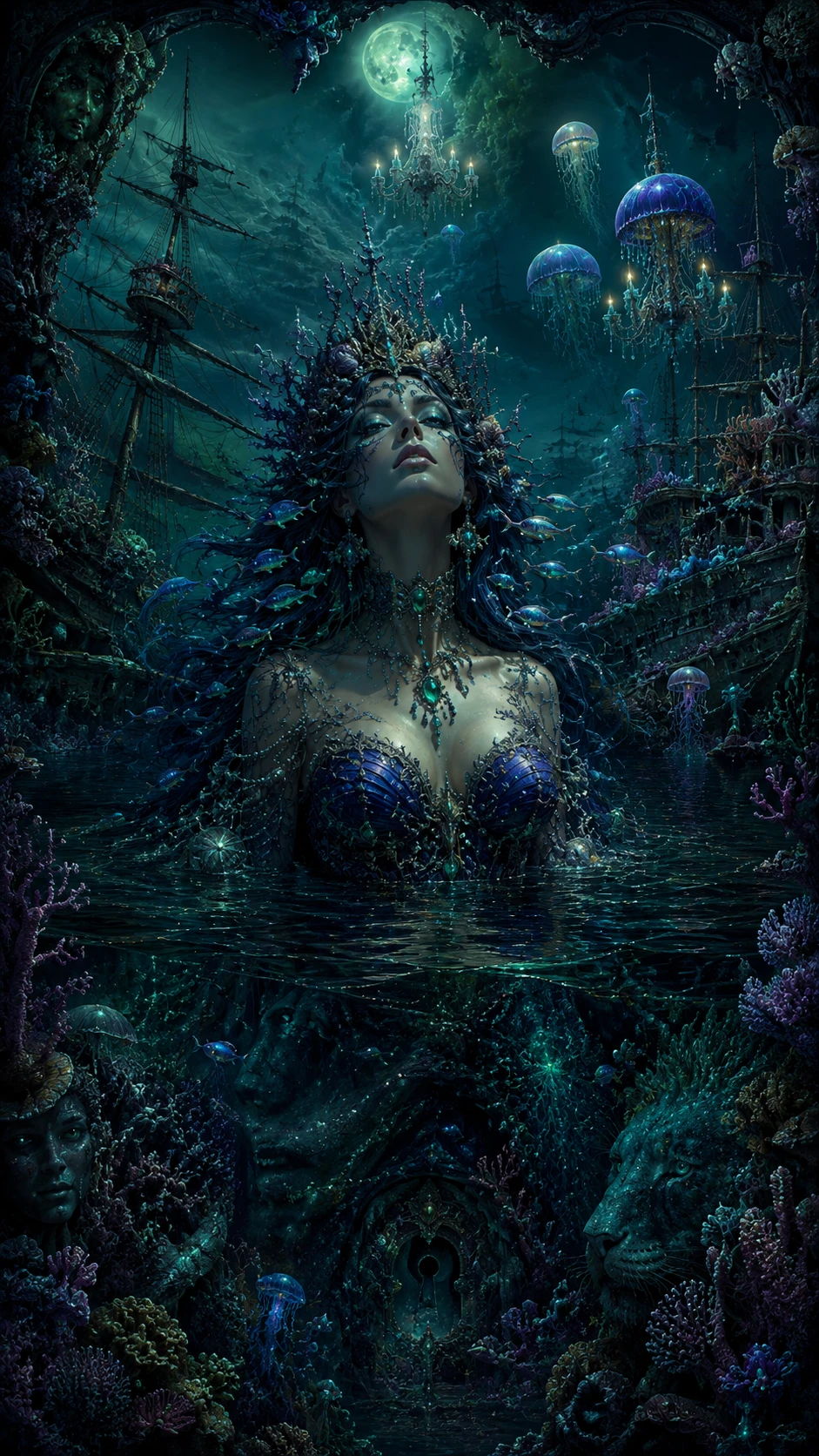 Reina del mar surgiendo de barcos hundidos y jardines de coral