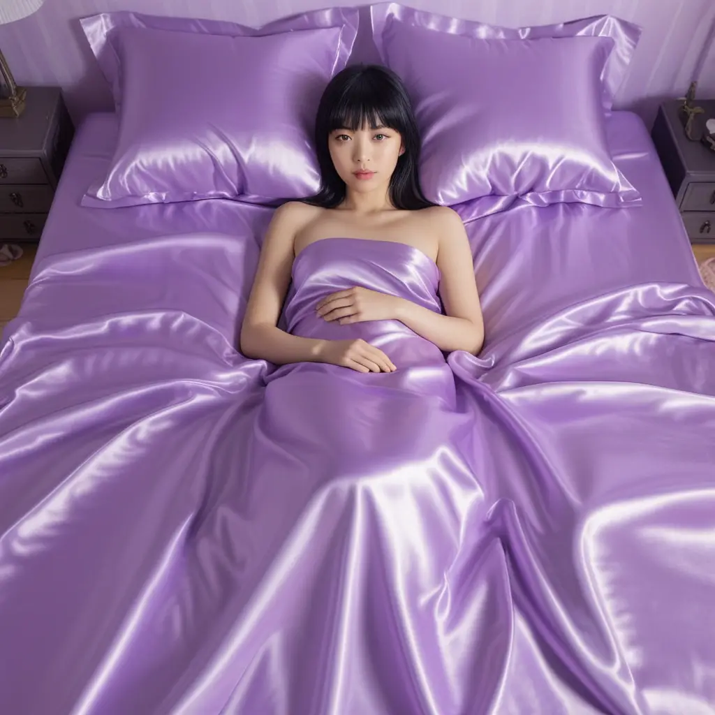 Japanese woman lying on lilac satin bed sheets
