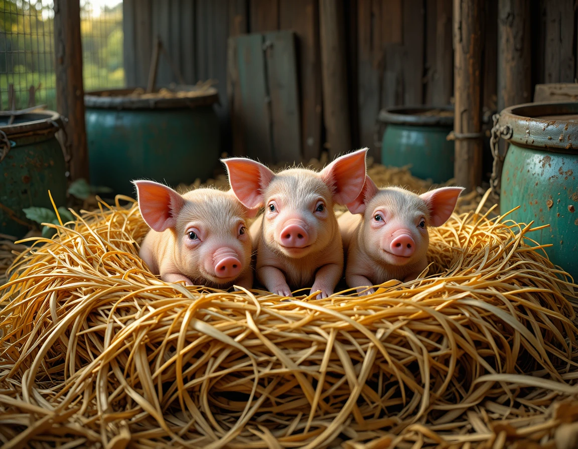 Drei rosa Ferkel ruhen im mit Stroh gefüllten Stall