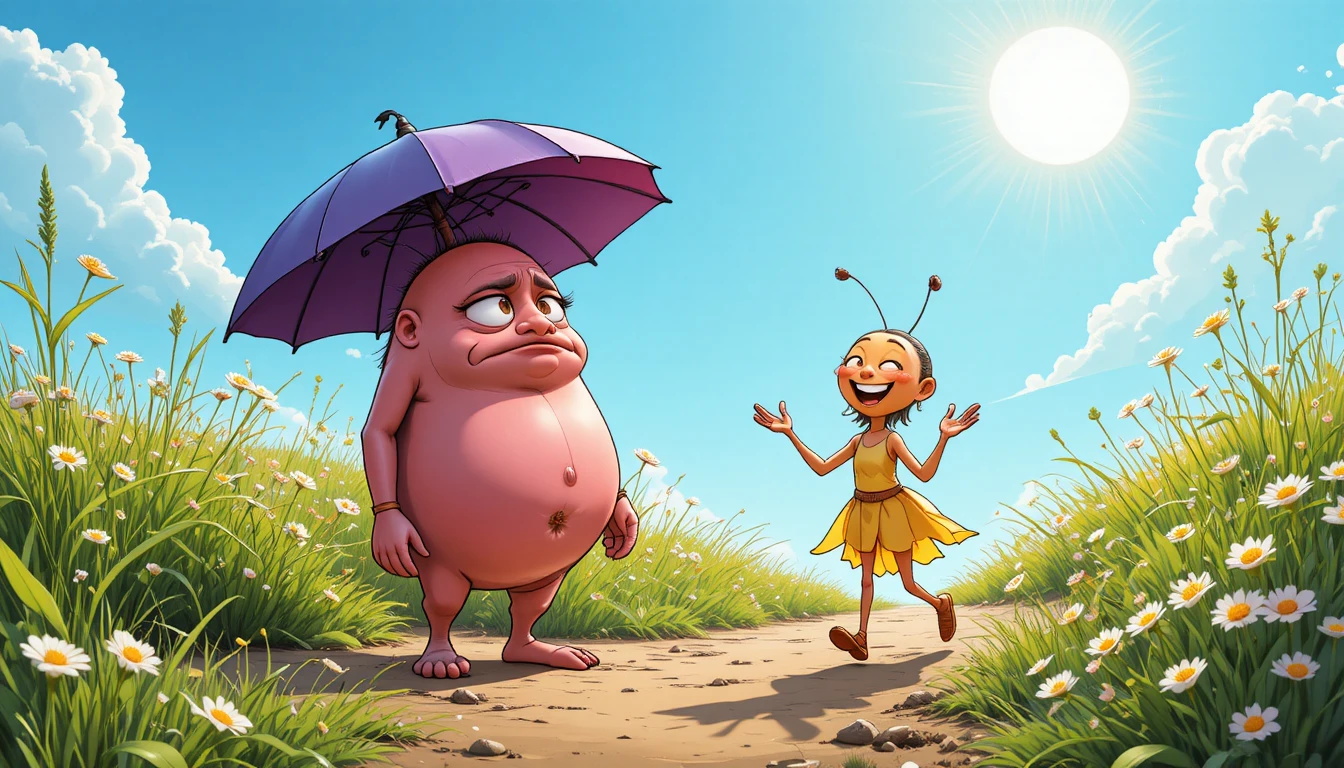 Gusano y mariquita de caricatura caminando por un campo soleado