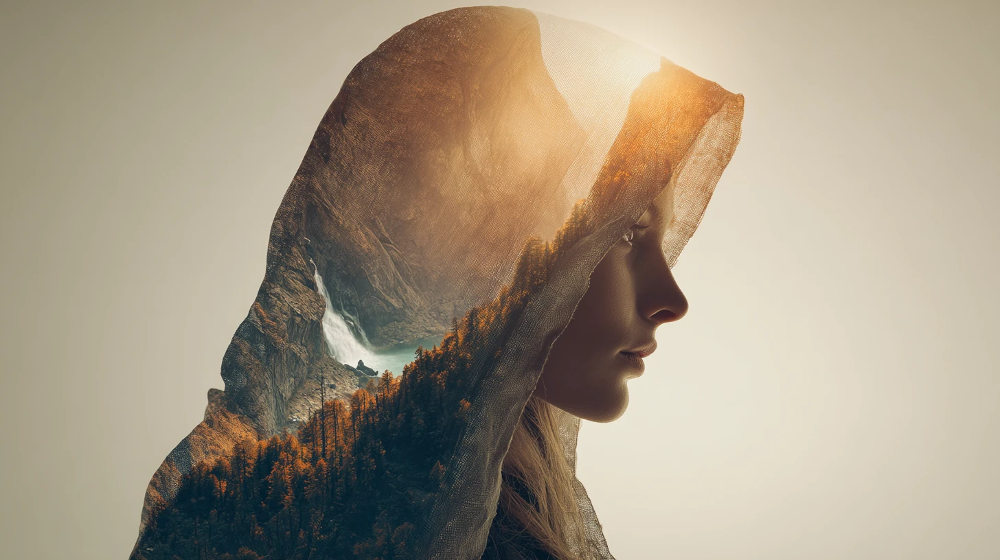 Perfil de mujer encapuchada fusionándose con un valle montañoso oculto