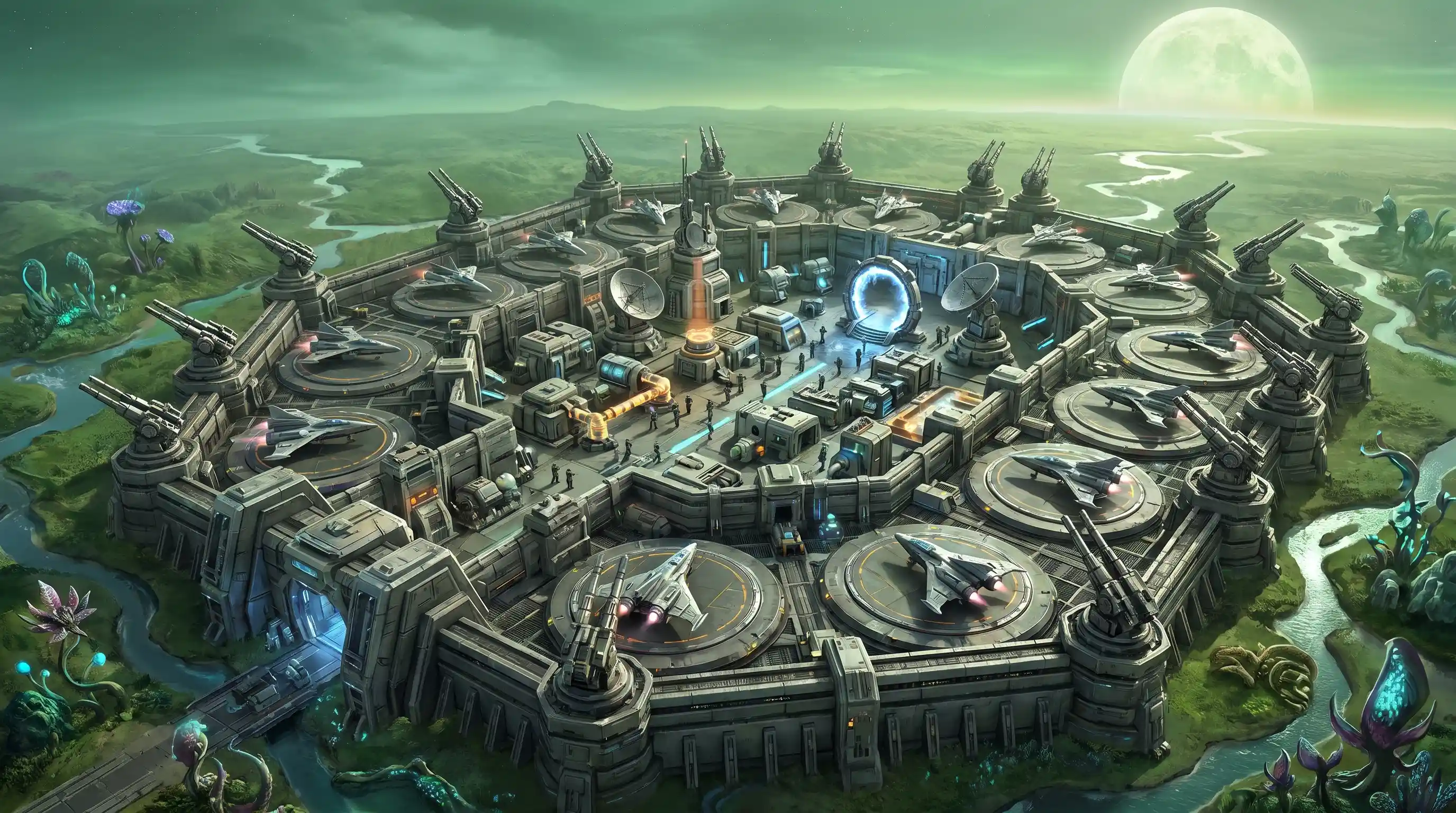 Massive sci fi military base on alien frontier world