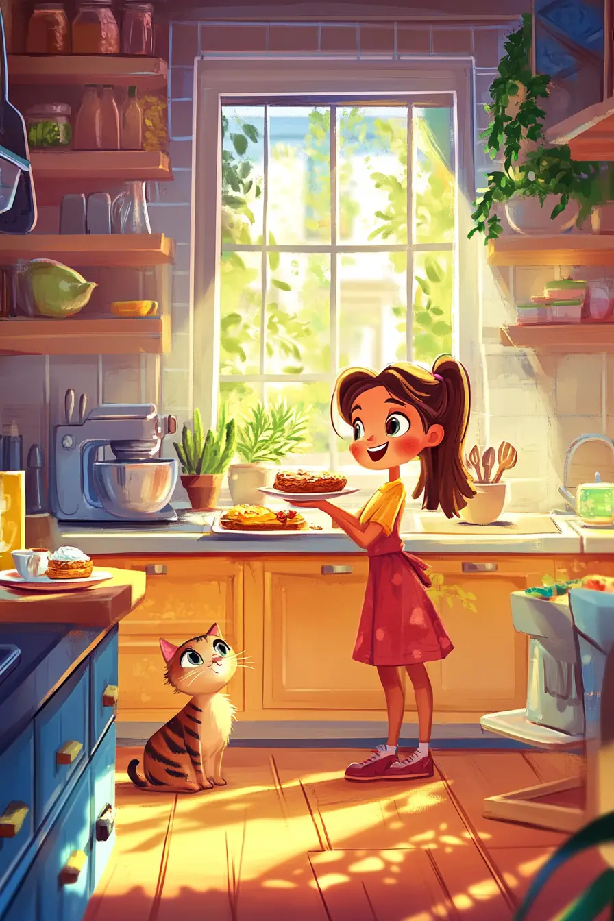 Playful illustration of a cute girl and cat at breakfast
