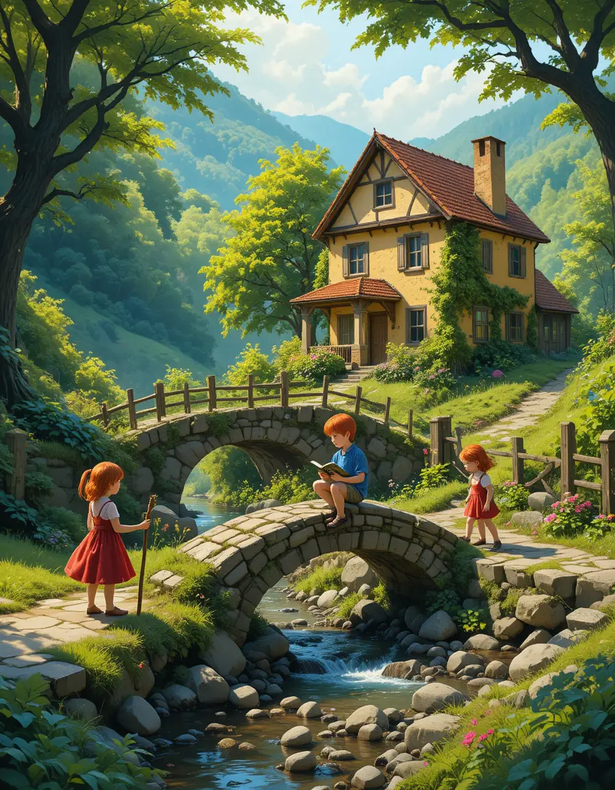 Children By A Stone Bridge In A Peaceful Valley