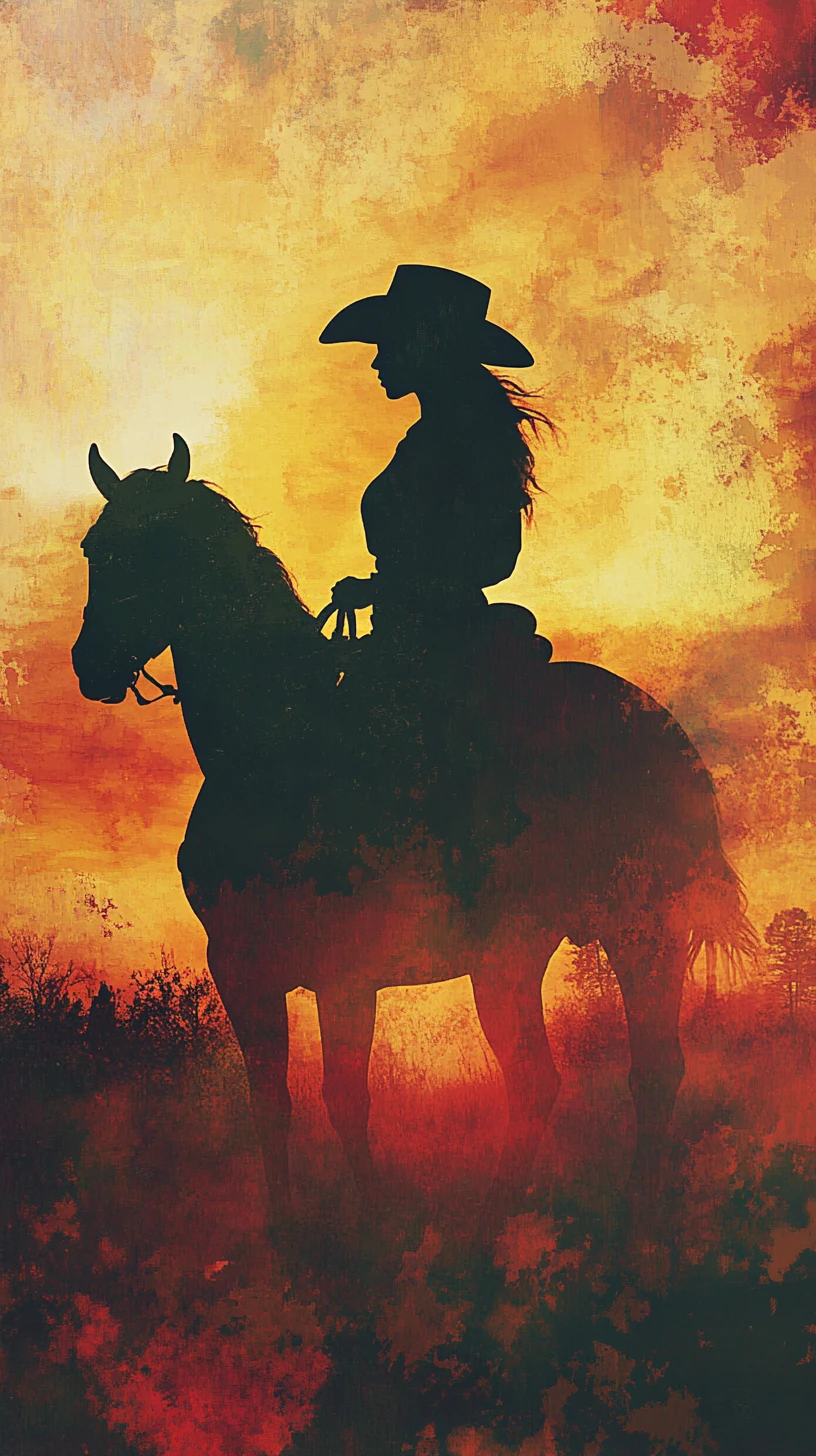 Mujer con sombrero de vaquera en silueta frente a un paisaje de atardecer luminoso