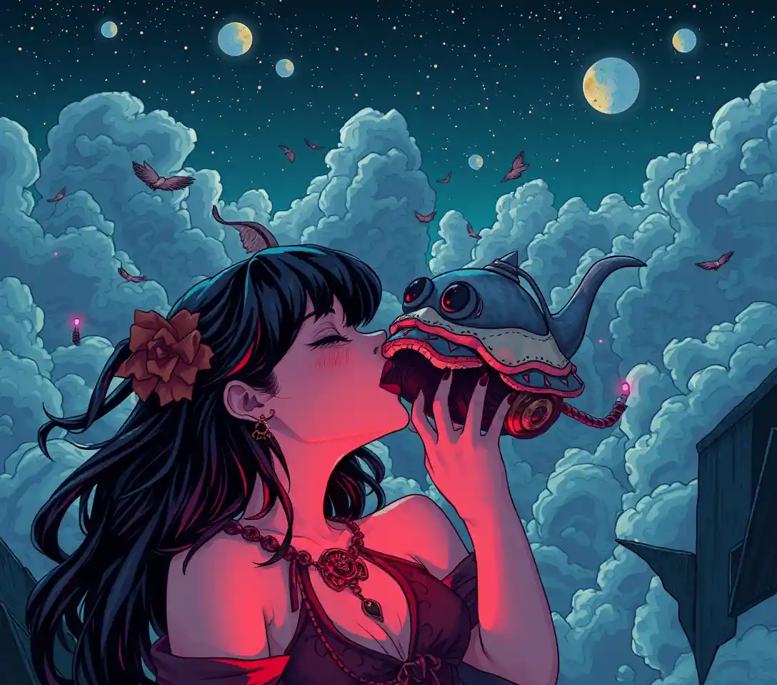 Surreal woman in a darkly whimsical night sky
