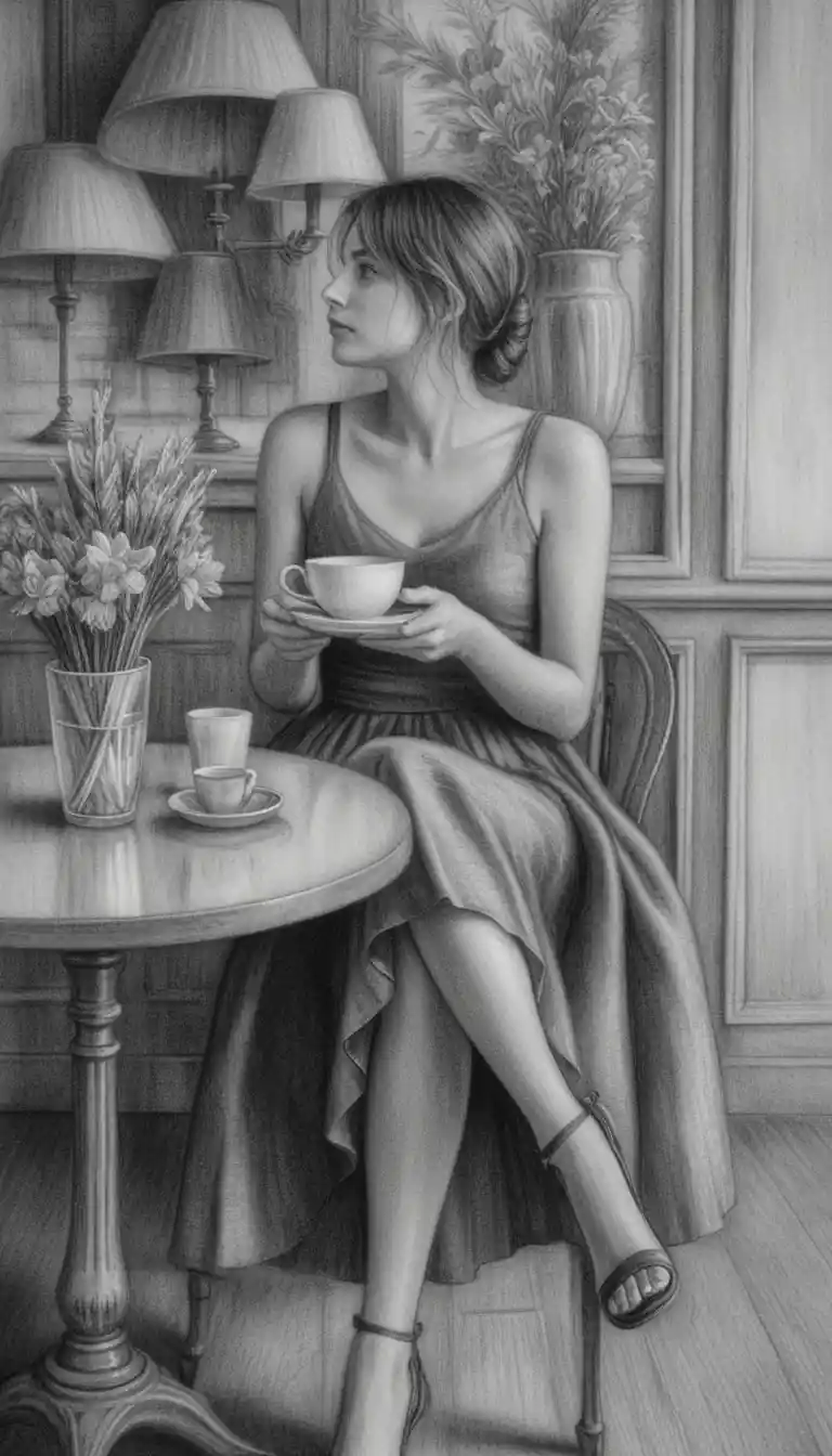 Elegant young woman holding coffee in graphite cafe scene
