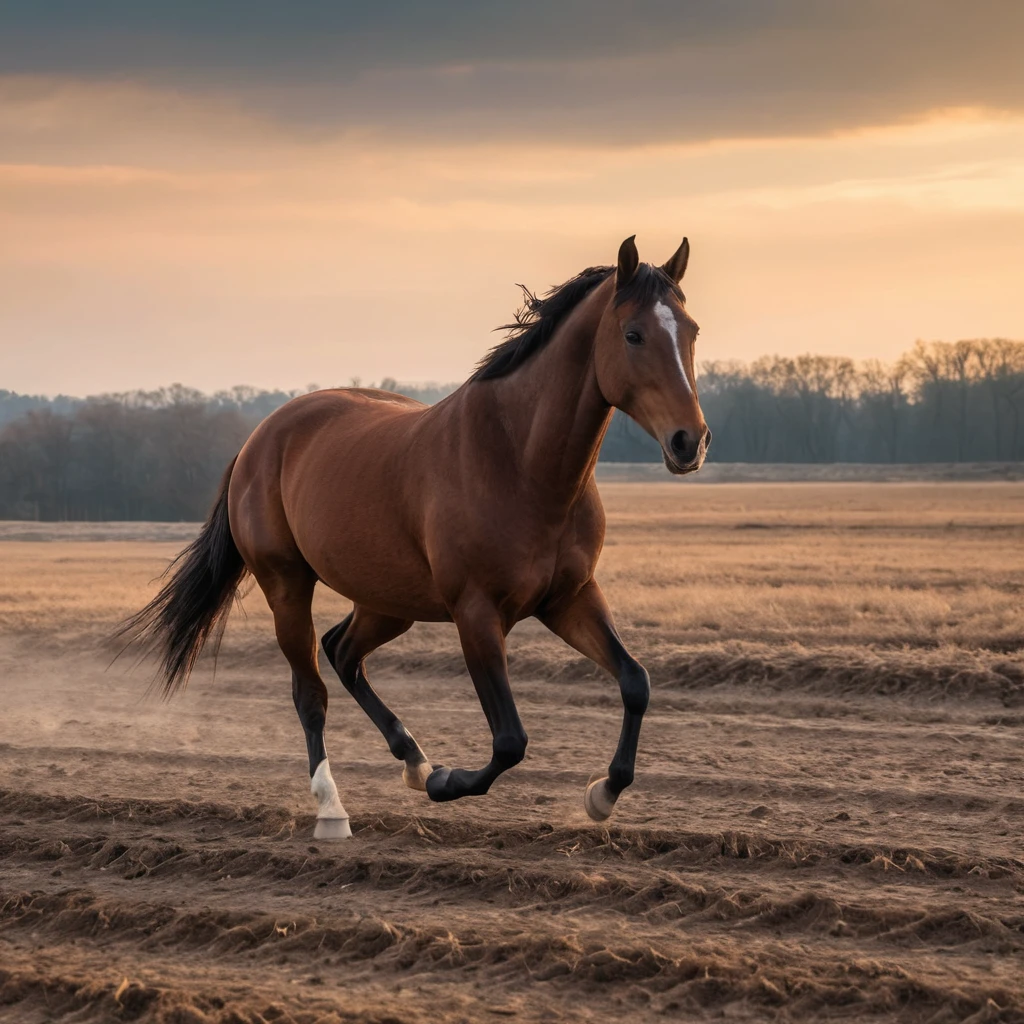 Caballo marrón al trote por un campo seco al atardecer