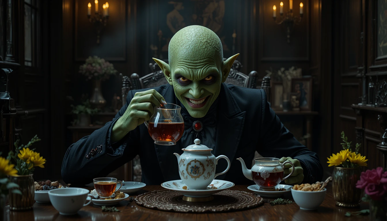 Creatura umanoide verde che versa il tè in una stanza gotica