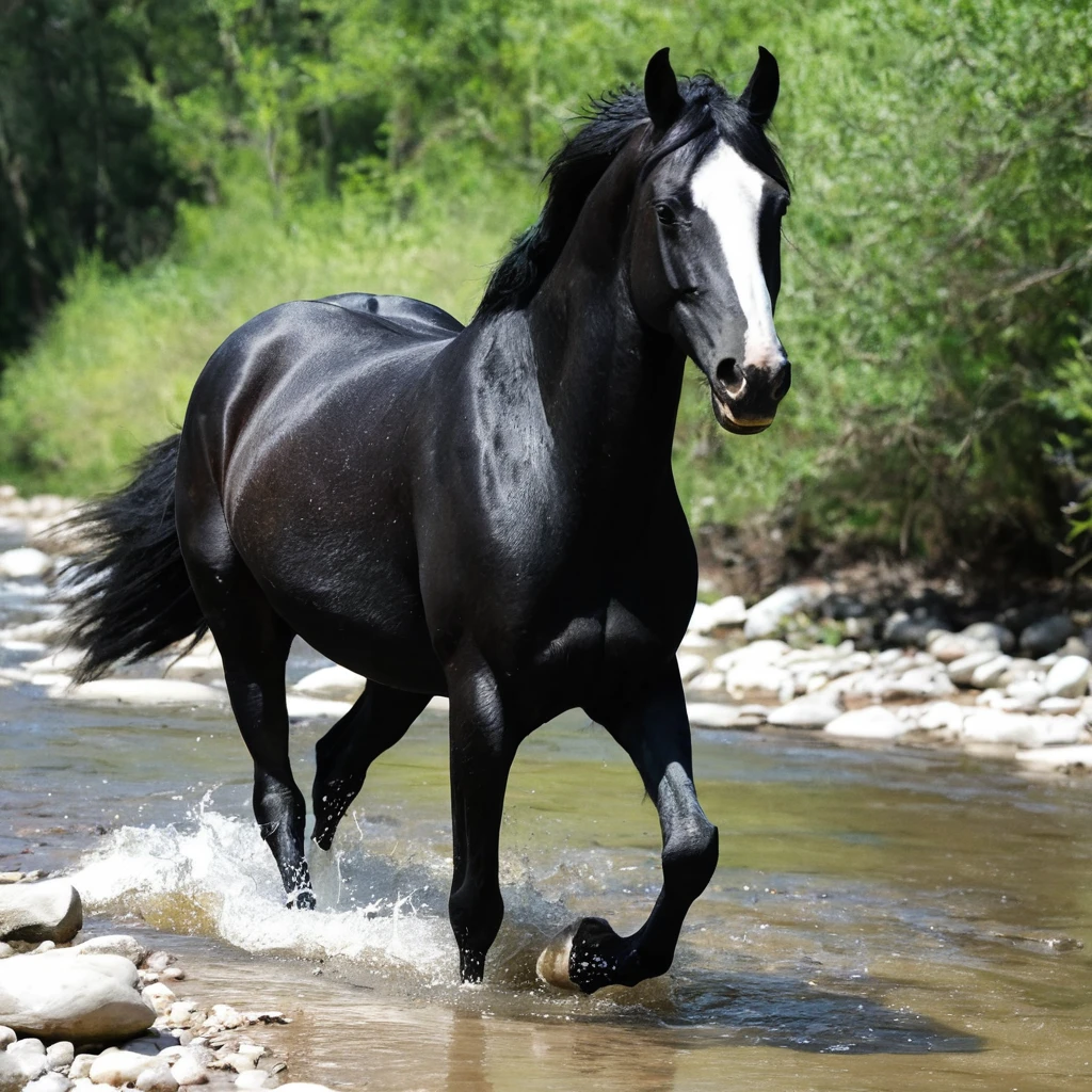 白い顔の黒馬が小川を駆ける