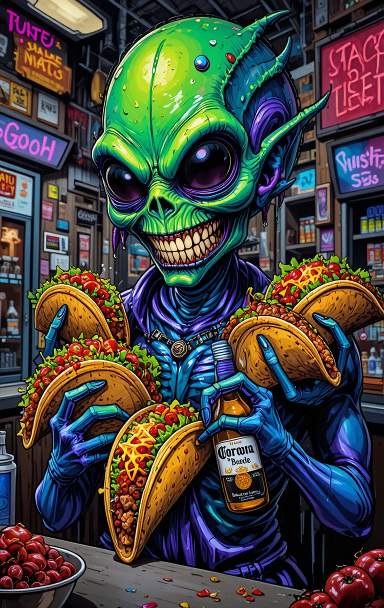 Alienígena metálico sosteniendo tacos dentro de un restaurante de comida rápida