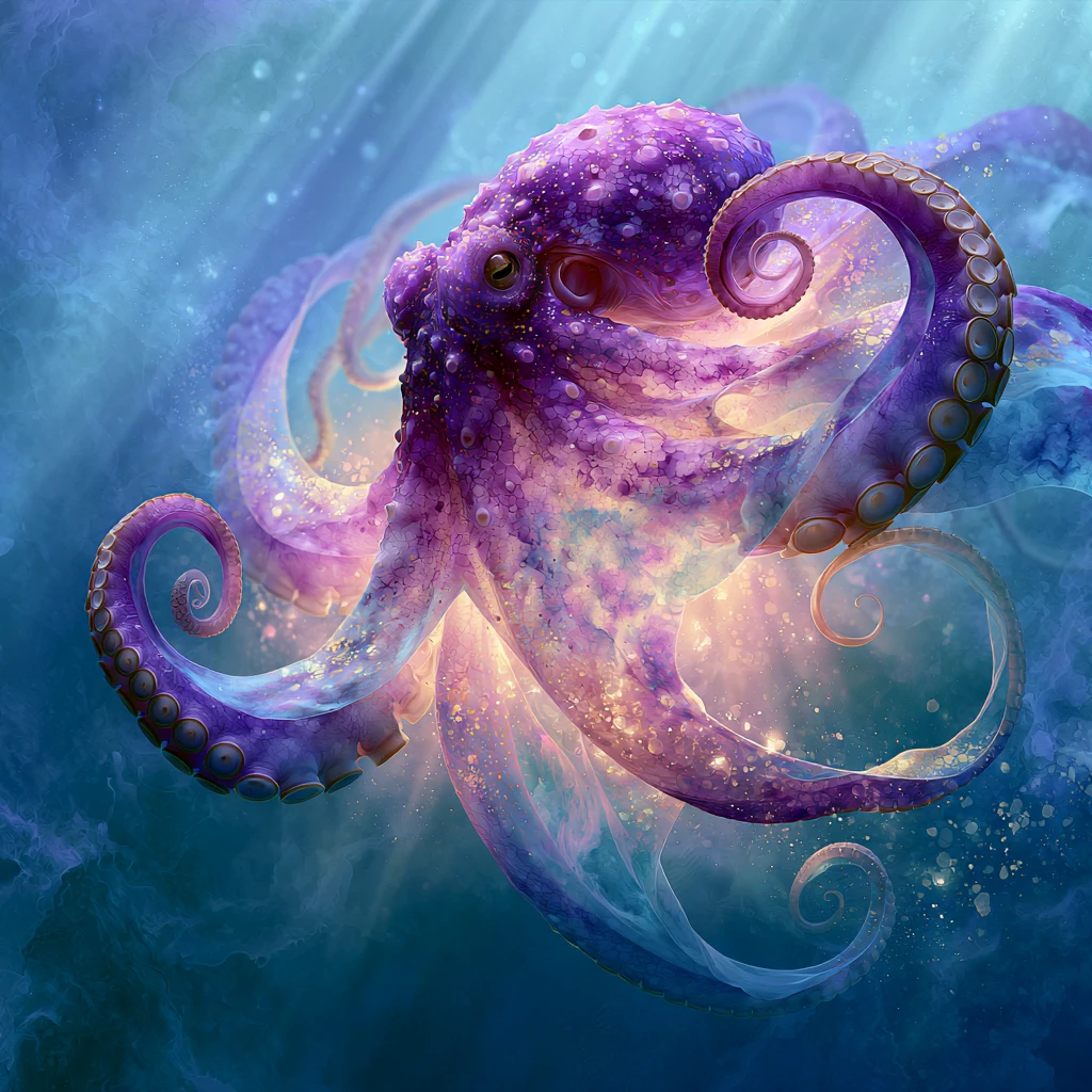 Pulpo de amatista fantasioso bailando en un océano de fantasía