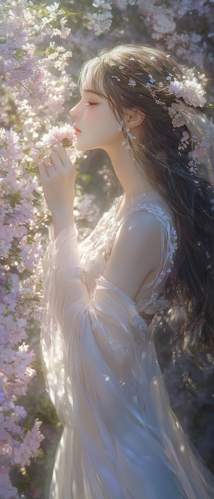 Jeune fille royale marchant dans une allée de fleurs lumineuses